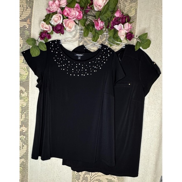 Roz & Ali Shirts Womens 1X Black Pearl Embellished Zip Pocket Lot of 2 Plus - Picture 1 of 12
